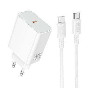 Мережевий зарядний пристрій з кабелем BOROFONE BA109A Star single port PD40W charger set (C to C) (EU) White