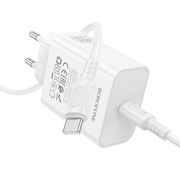 Мережевий зарядний пристрій з кабелем BOROFONE BA109A Star single port PD40W charger set (C to C) (EU) White
