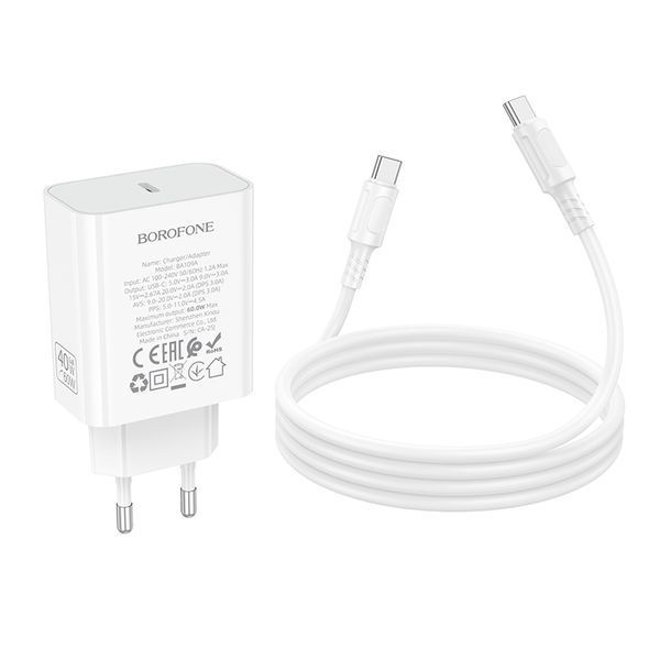 Мережевий зарядний пристрій з кабелем BOROFONE BA109A Star single port PD40W charger set (C to C) (EU) White