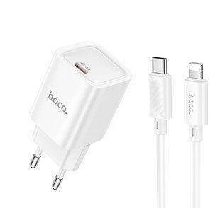 Мережевий зарядний пристрій з кабелем HOCO C148A Charm single port PD30W charger set (C to iP) (EU) White