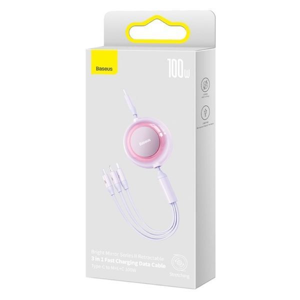 Кабель Baseus Bright Mirror 2 Series Retractable 3-in-1 Fast Charging Data Cable Type-C to M+L+C 100W 1.1m Purple