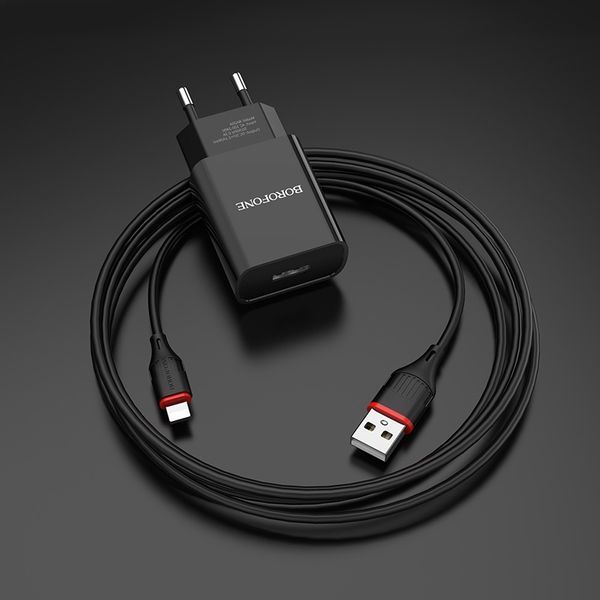 Сетевое зарядное устройство с кабелем BOROFONE BA20A Sharp single port charger set(Lightning) 10.5W Black