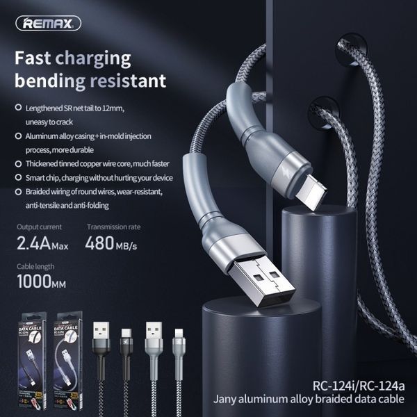 Кабель REMAX Jany Series Aluminum Alloy Braided 2.4A data cable RC-124m/i/a Lightning-Black