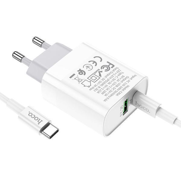 Мережевий зарядний пристрій з кабелем HOCO C80A Rapido PD20W+QC3.0 charger set (Type-C TO Type-C)(EU) White
