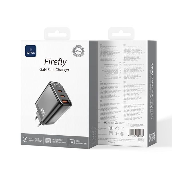 Мережевий зарядний пристрій WIWU 65W Firefly GaN Fast Charger 2C+1A Wi-G012 EU Grey
