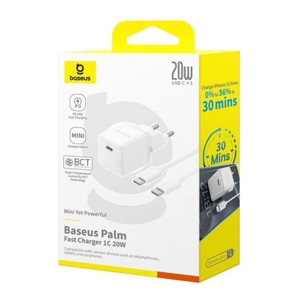 Сетевое зарядное устройство с кабелем Baseus Palm Fast Charger 1C 20W EU Moon White set USB-C to iP 20W 1m
