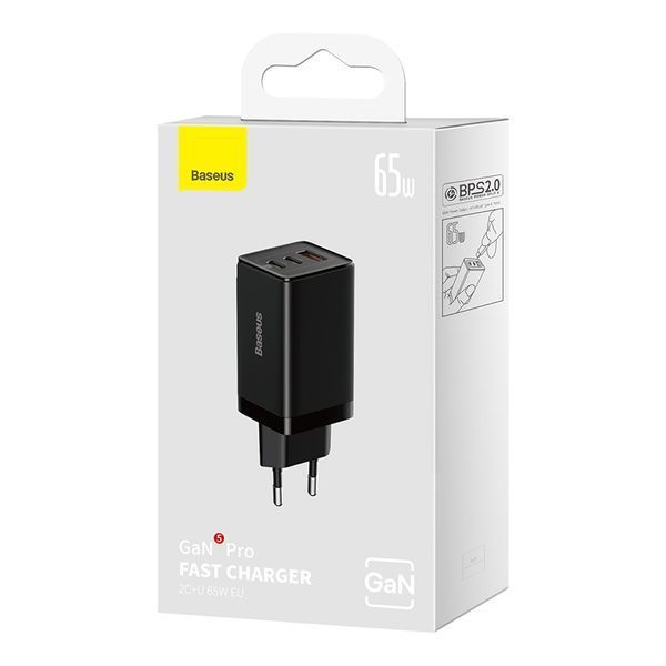 Мережевий зарядний пристрій з кабелем Baseus GaN5 Pro Fast Charger 2C+U 65W EU Black(Baseus Xiaobai charging Cable Type-C to Type-C 100W)