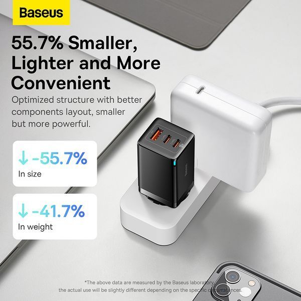 Мережевий зарядний пристрій з кабелем Baseus GaN5 Pro Fast Charger 2C+U 65W EU Black(Baseus Xiaobai charging Cable Type-C to Type-C 100W)