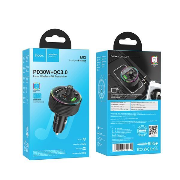 ОЗУ с FM-модулятором HOCO E82 Guerrero PD30W+QC3.0 car BT FM transmitter Black