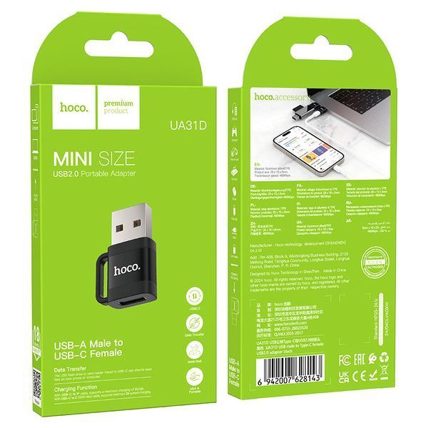 Адаптер HOCO UA31D USB для Type-C female USB2.0 adapter Black
