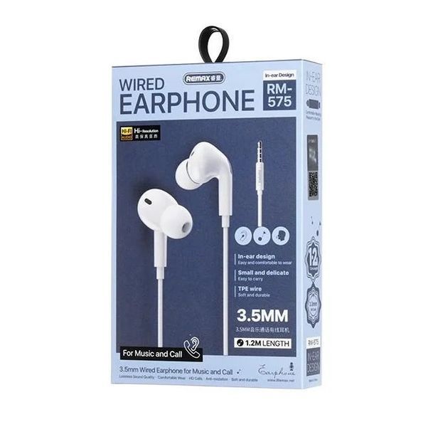 Наушники проволочные REMAX Wired Earphones for Music and Call RM-575/a/i( 3.5mm) White