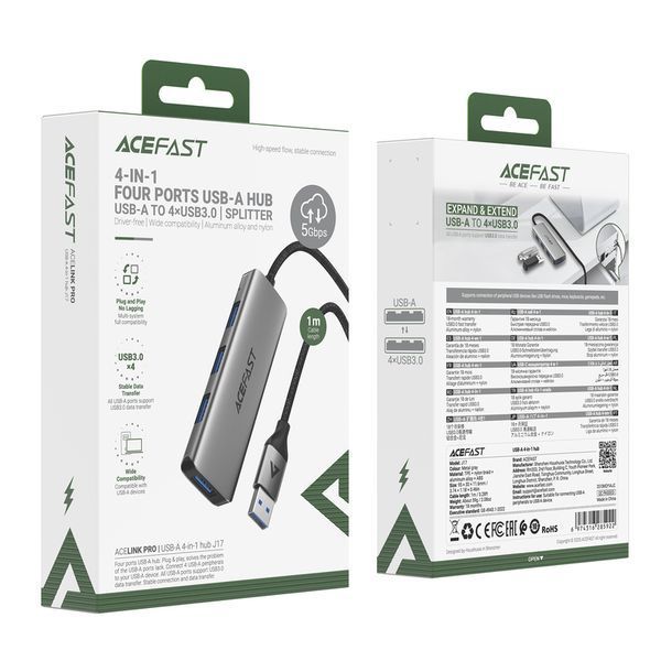 USB-хаб ACEFAST J17 USB-A 4-in-1 HUB Metal Gray