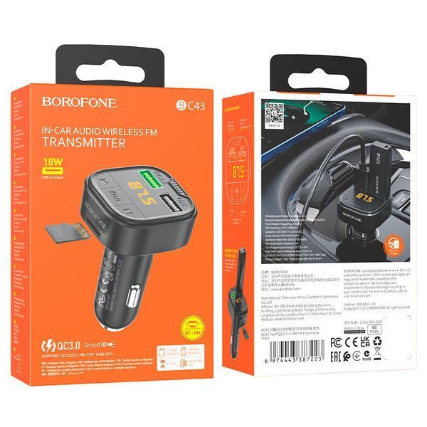 ОЗУ с FM-модулятором BOROFONE BC43 Flash QC3.0 car BT FM transmitter 18W Black