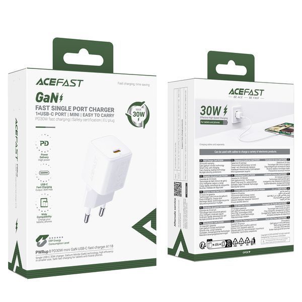 Мережевий зарядний пристрій ACEFAST A118 PD30W mini GaN USB-C fast charger