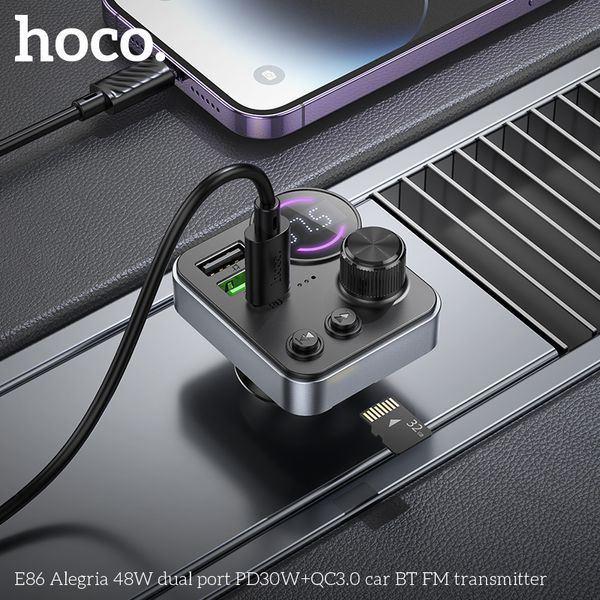 ОЗУ с FM-модулятором HOCO E86 Alegria 48W dual port PD30W+QC3.0 car BT FM transmitter Black