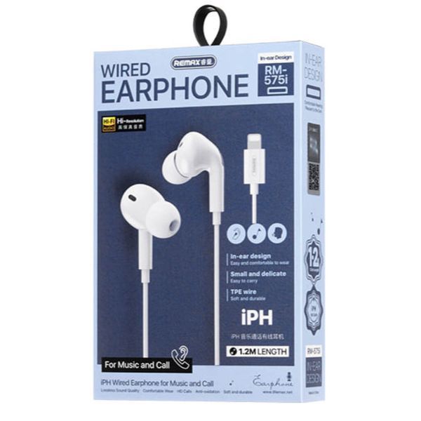 Наушники проволочные REMAX Wired Earphones for Music and Call RM-575/a/i (Lightning) White