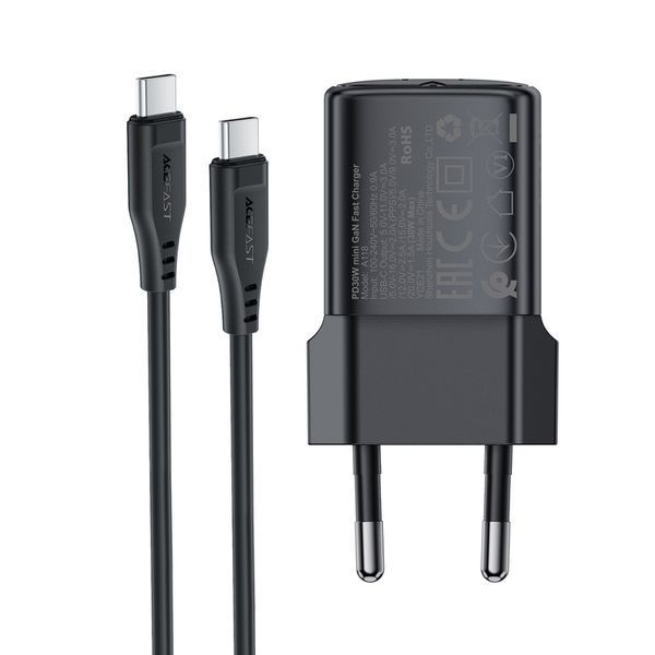 Мережевий зарядний пристрій ACEFAST A118 PD30W mini GaN USB-C fast charger Black