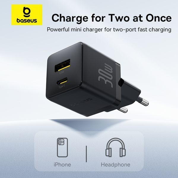 Мережевий зарядний пристрій з кабелем Baseus Palm Fast Charger C+U 30W EU Cluster Black (with Baseus Mini White Cable USB-C to USB-C 60W (20V/3A) 1m)