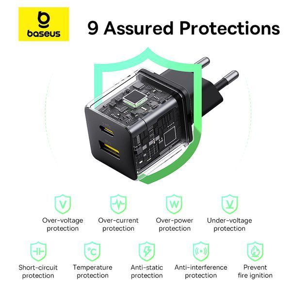 Мережевий зарядний пристрій з кабелем Baseus Palm Fast Charger C+U 30W EU Cluster Black (with Baseus Mini White Cable USB-C to USB-C 60W (20V/3A) 1m)