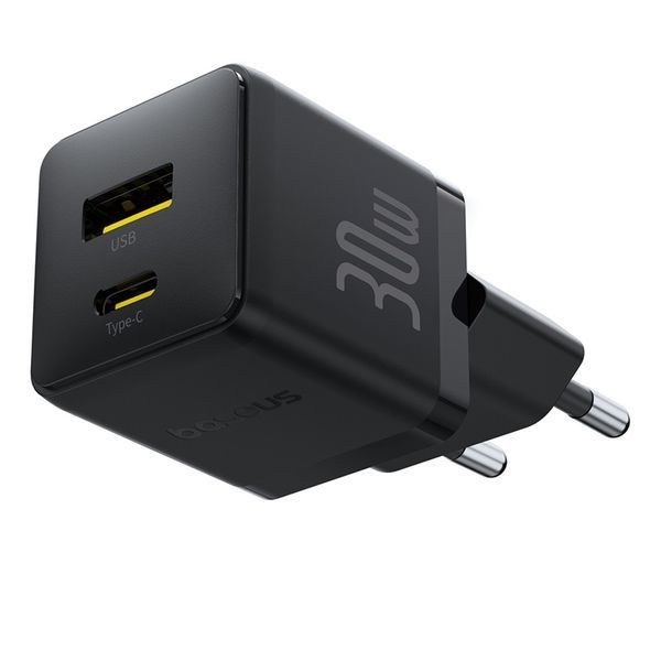 Мережевий зарядний пристрій з кабелем Baseus Palm Fast Charger C+U 30W EU Cluster Black (with Baseus Mini White Cable USB-C to USB-C 60W (20V/3A) 1m)