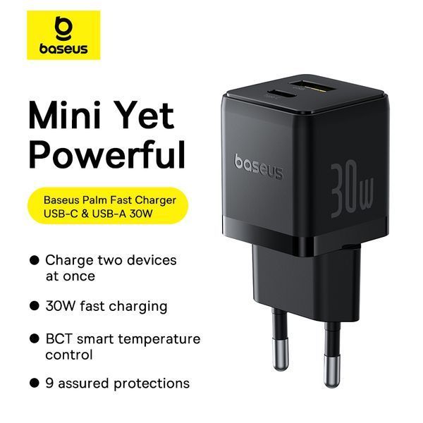 Мережевий зарядний пристрій з кабелем Baseus Palm Fast Charger C+U 30W EU Cluster Black (with Baseus Mini White Cable USB-C to USB-C 60W (20V/3A) 1m)