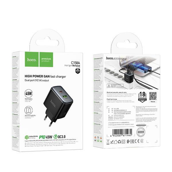 Сетевое зарядное устройство для HOCO C158A Upgrade PD45W(1C1A) charger(EU) Black