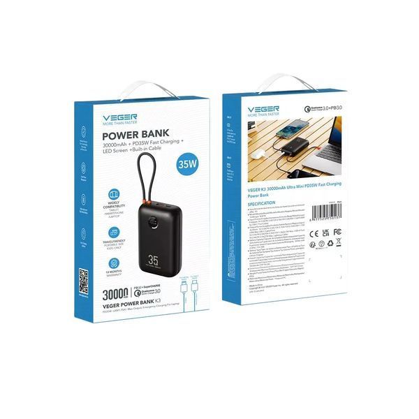 Внешний аккумулятор VEGER Built-In 2 cables Ultra Mini 30000mAh