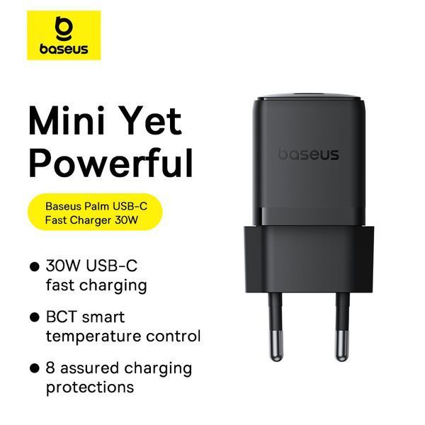 Мережевий зарядний пристрій з кабелем Baseus Palm Fast Charger 1C 30W EU Cluster Black(With: Baseus Mini White Cable C to C 60W(20V/3A) 1m