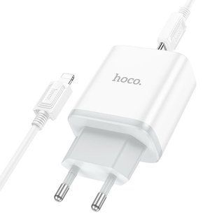 Сетевое зарядное устройство с кабелем HOCO C105A Stage dual port PD20W+QC3.0 Charger Set (C to iP)(EU) White