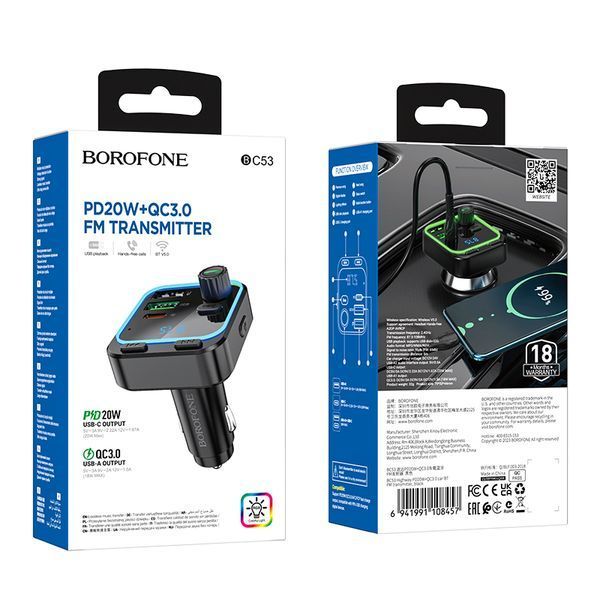 ОЗУ с FM-модулятором BOROFONE BC53 Highway PD20W+QC3.0 car BT FM transmitter 18W Black