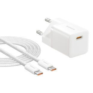 Мережевий зарядний пристрій з кабелем Baseus GaN5 Fast Charger (mini) 1C 25W EU Moon White (with: Fast Charging Data Cable Type-C)