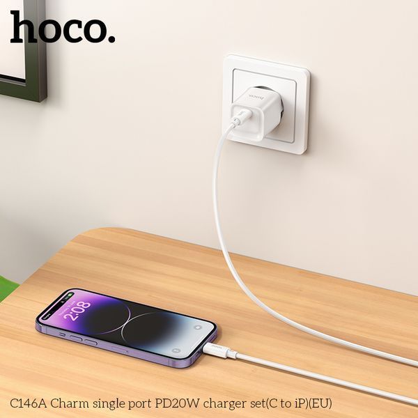 Сетевое зарядное устройство с кабелем HOCO C146A Charm single port PD20W Charger Set (C to iP) (EU) White