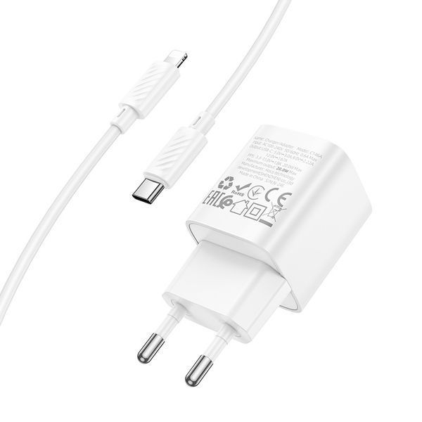 Сетевое зарядное устройство с кабелем HOCO C146A Charm single port PD20W Charger Set (C to iP) (EU) White