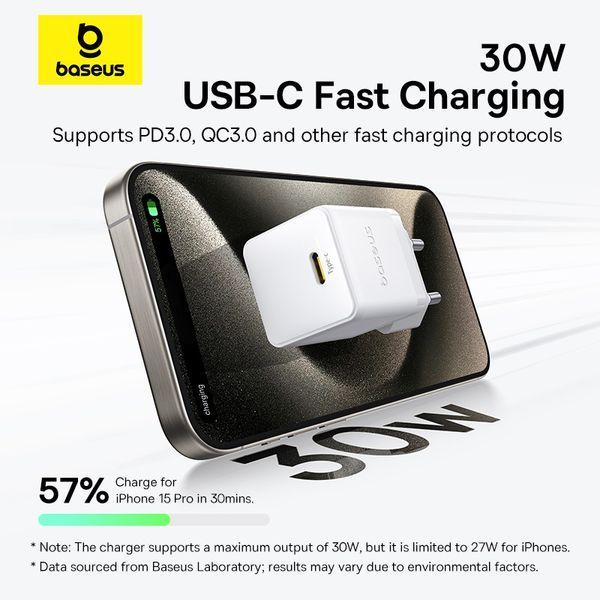 Сетевое зарядное устройство с кабелем Baseus Palm Fast Charger 1C 30W EU Moon White