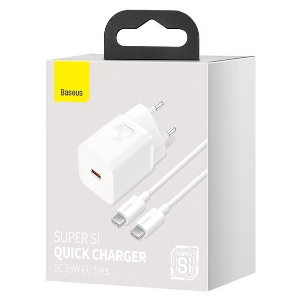 Сетевое зарядное устройство с кабелем Baseus Super Si Quick Charger 1C 25W EU Sets White ( Mini White Cable Type-C to Type-C 3A 1m White)