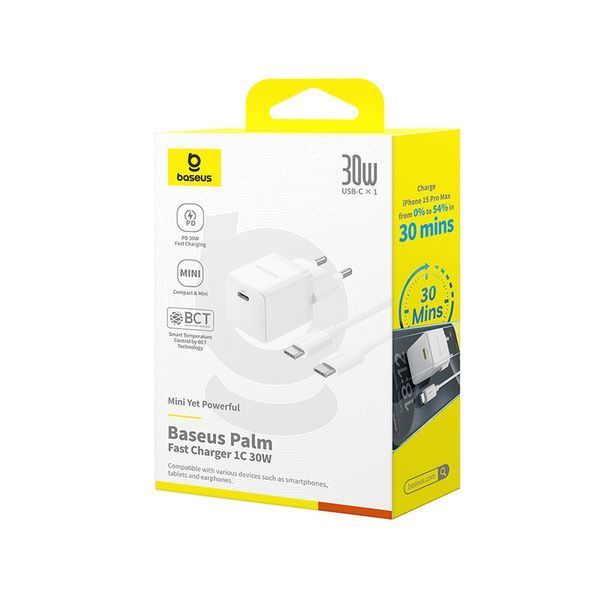 Сетевое зарядное устройство с кабелем Baseus Palm Fast Charger 1C 30W EU Moon White