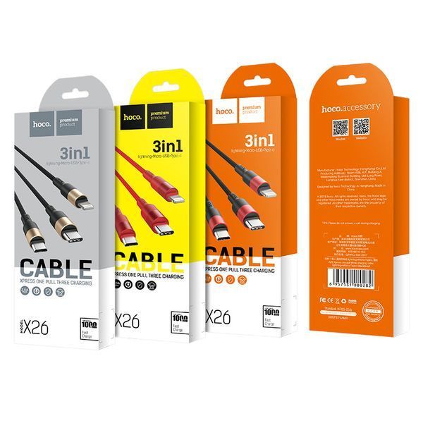 Кабель HOCO X26 Xpress 1 pull three charging cable iP+Micro+Type-C Black+Red