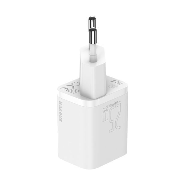 Сетевое зарядное устройство с кабелем Baseus Super Si Quick Charger 1C 25W EU Sets White ( Mini White Cable Type-C to Type-C 3A 1m White)