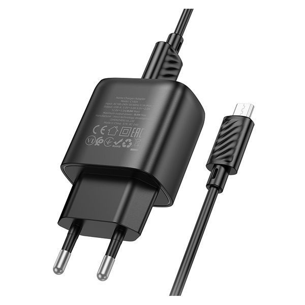 Сетевое зарядное устройство с кабелем HOCO C140A Smart single port QC3.0 charger set(Micro)(EU) Black