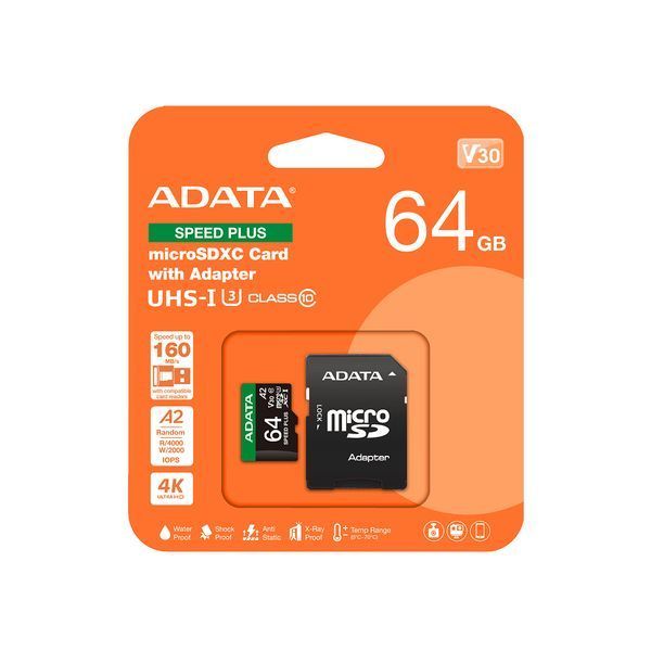 Карта памяти microSDXC (UHS-1 U3) A-DATA SPEED PLUS 64Gb Class 10 V30 A2 (R-160Mb/s W140Mb/s) (adapter SD)