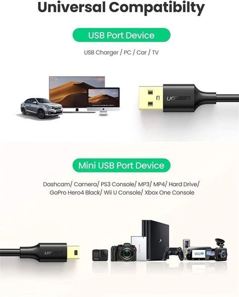 Кабель UGREEN USB 2.0 A Male to Mini 5 Pin Male Cable 2m (Black)