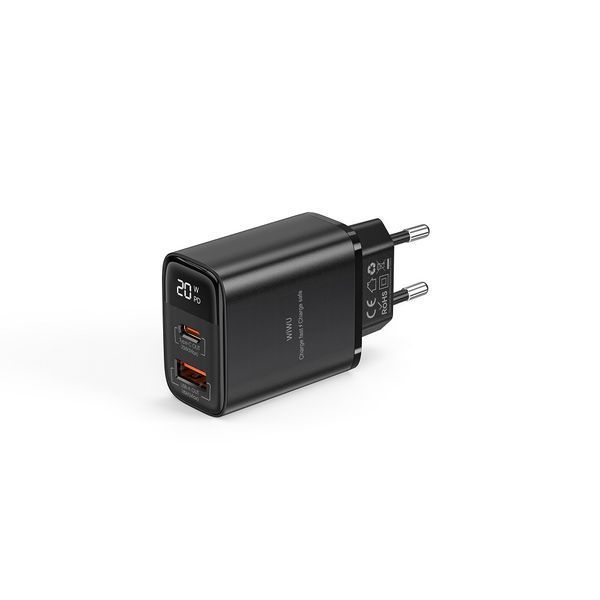 Мережевий зарядний пристрій WIWU 20W Firefly GaN Fast Charger 1A+1C with digital display Wi-G009 EU Black