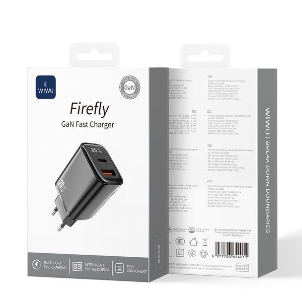 Мережевий зарядний пристрій WIWU 20W Firefly GaN Fast Charger 1A+1C with digital display Wi-G009 EU Black