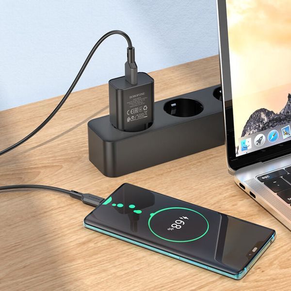 Сетевое зарядное устройство с кабелем BOROFONE BA72A Spring single port QC3.0 charger set(Type-C) 18W Black