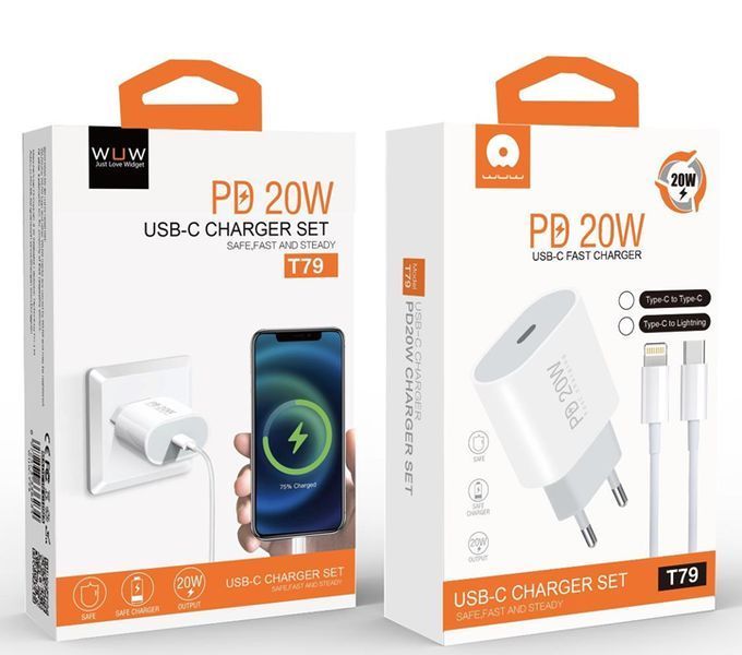 Сетевое зарядное устройство с кабелем WUW-T79L PD 20W USB C charger with type c to lightning cable