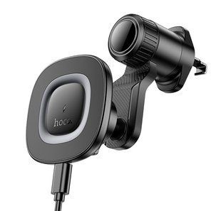 Автодержатель для телефона с БЗП HOCO HW30 Crown magnetic wireless charging car holder (air outlet) Black Metal Gray