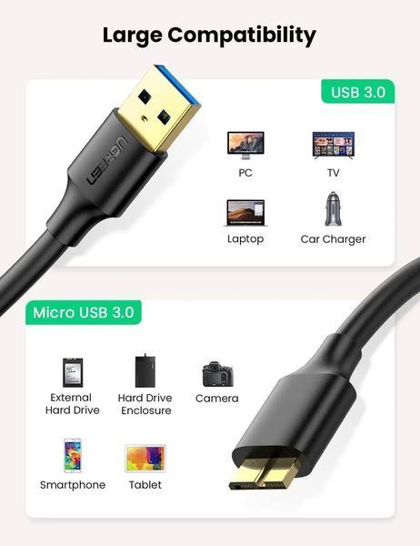 Кабель UGREEN US130 USB 3.0 A Male to Micro USB 3.0 Male Cable 0.5m (Black)(UGR-10840)