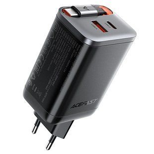 Мережевий зарядний пристрій з кабелем ACEFAST A111 PD67W GaN charger(2*USB-C+USB-A) with retractable cable Black