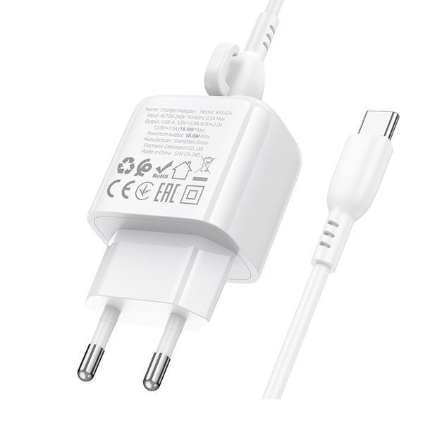 Сетевое зарядное устройство с кабелем BOROFONE BAS42A Potential single-port QC3.0 charger set(Type-C) 18W White