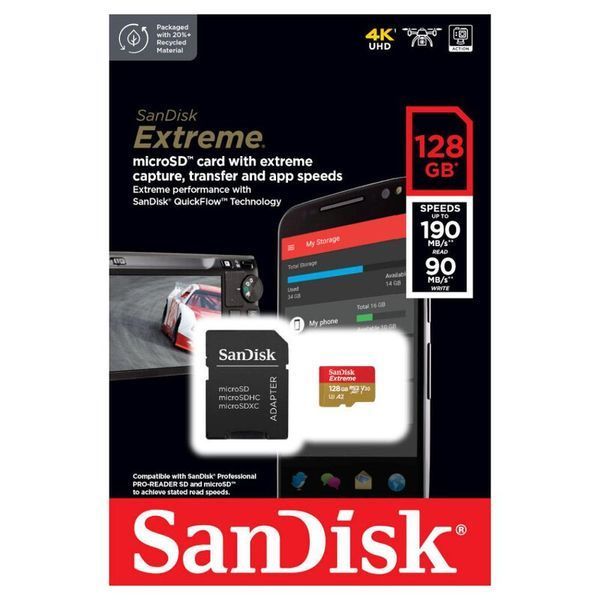 Карта памяти microSDXC (UHS-1 U3) SanDisk Extreme A2 128Gb class 10 V30 (R190MB/s, W90MB/s) (adapter SD)